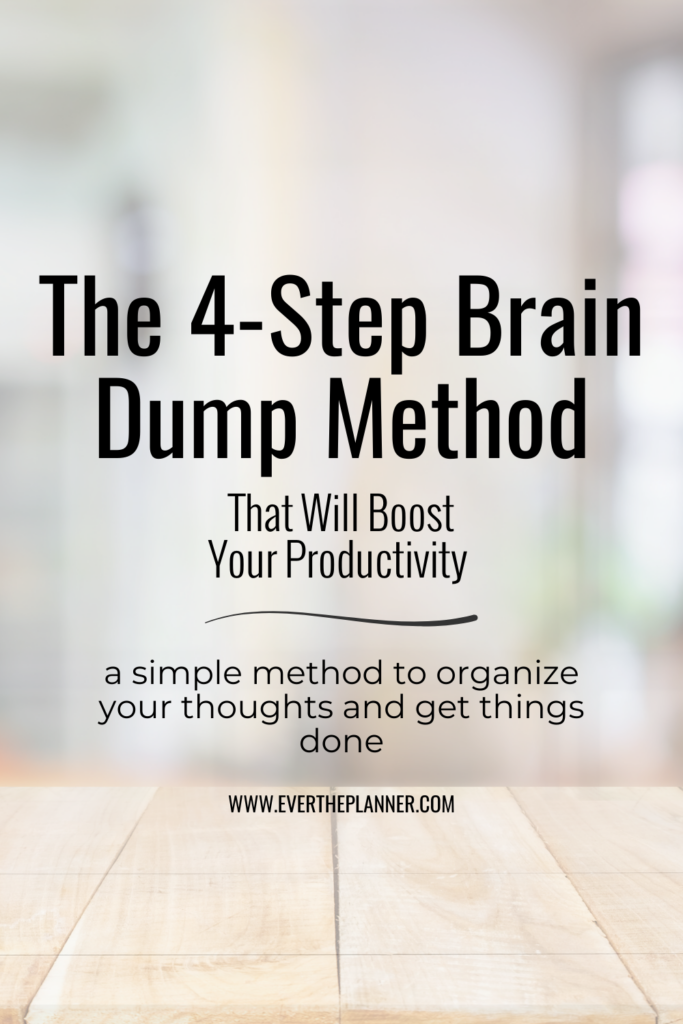 Graphic titled “The 4-Step Brain Dump Method That Will Boost Your Productivity” with a clean workspace background and a focus on organizing thoughts and getting things done.