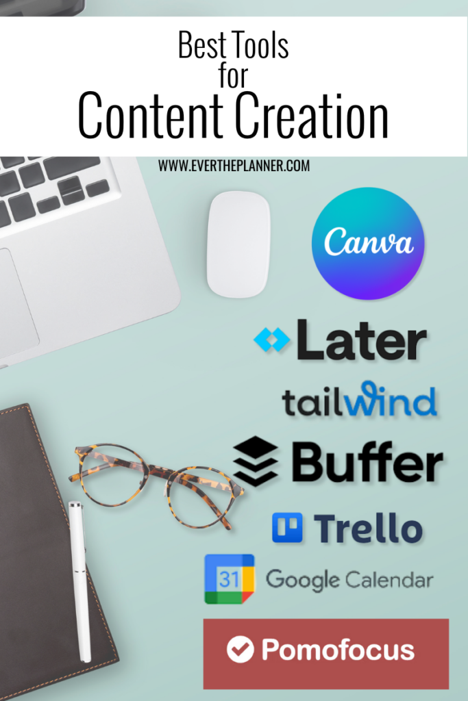 Light green desk with "Best Tools for Content Creation," the web address www.evertheplanner.com, and some tool logos, including Canva, Later, Tailwind, Buffer, Trello, Google Calendar, and Pomofocus. A mouse, leather journal, pen, and glasses are also on the desk. 