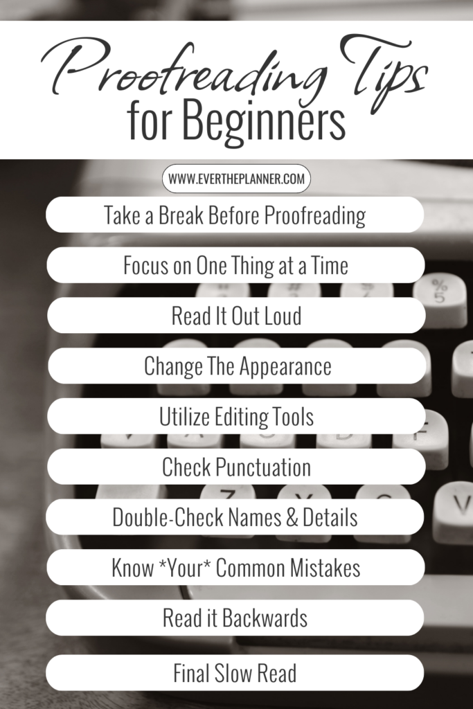Infographic titled "Proofreading Tips for Beginners" showing 10 steps to catch mistakes in your writing. Tips include taking a break, reading out loud, and checking punctuation.