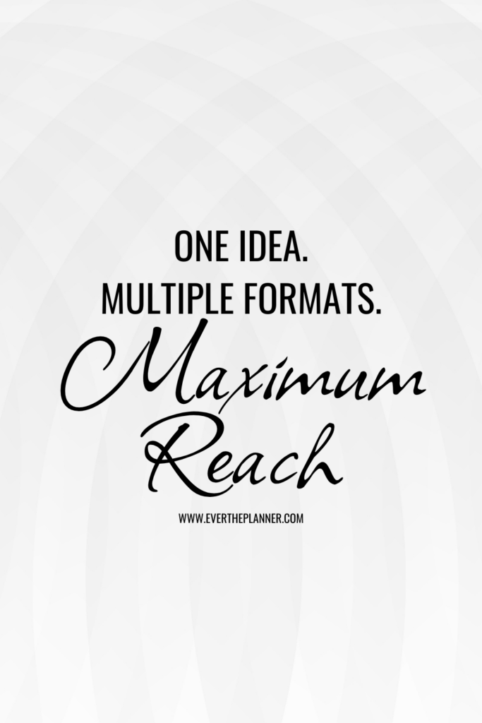 Minimalist graphic with the text "One idea. Multiple formats. Maximum reach" on a subtle patterned white background. Website www.evertheplanner.com is listed at the bottom.