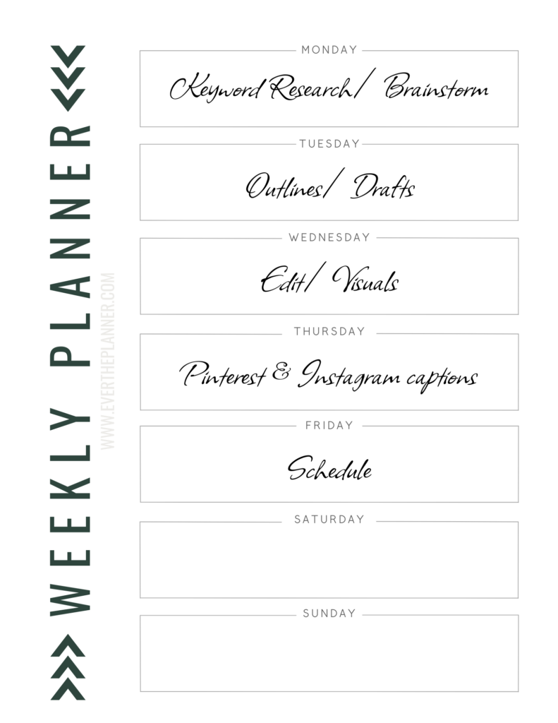 Template for a weekly time block planner that can be used for content batching.