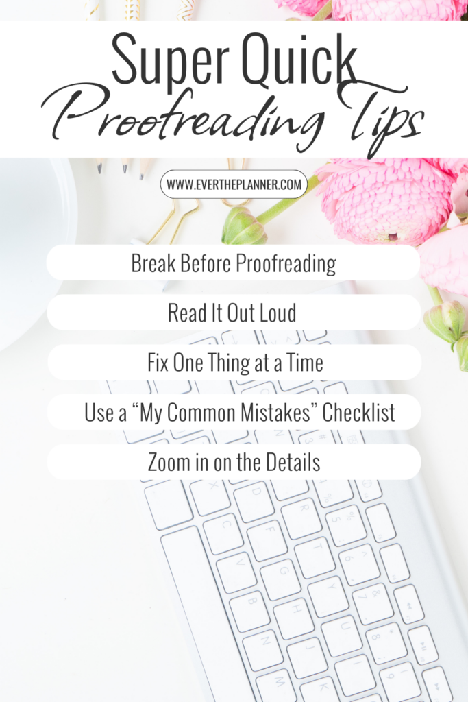 A checklist-style pin with quick proofreading tips on a white and pink floral background