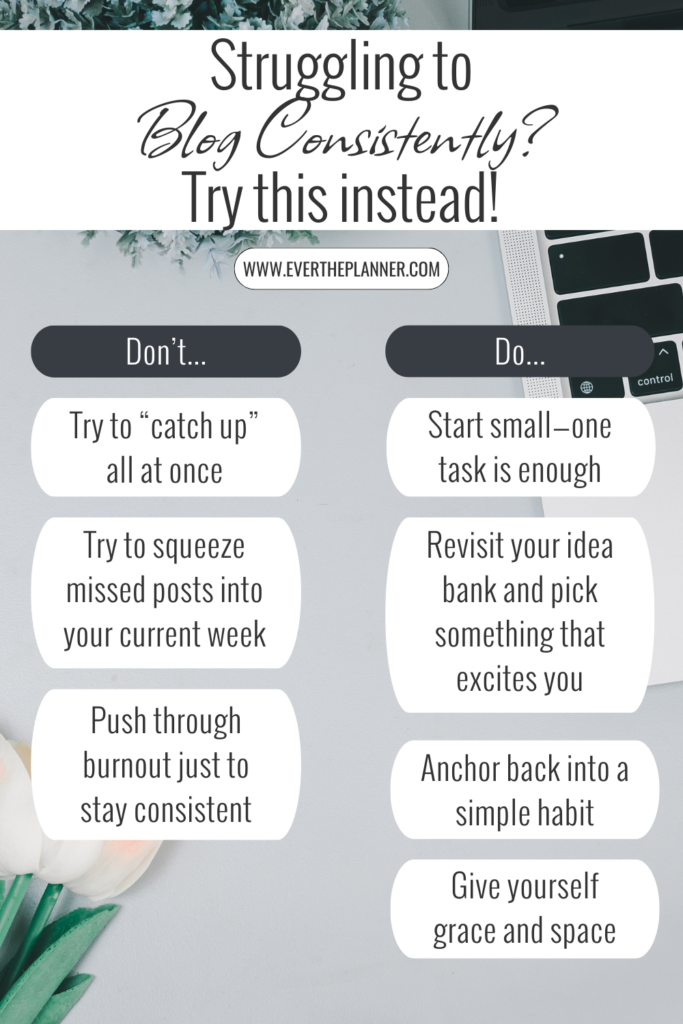 Side-by-side list graphic labeled “Don’t” and “Do” with tips for blogging consistently, shown over a desktop flatlay background with flowers and a laptop.