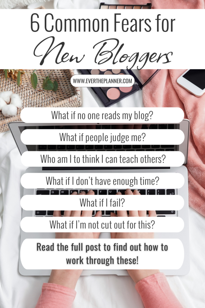 List-style pin showing six common blogging fears, including fear of failure, judgment, and not being cut out for blogging.