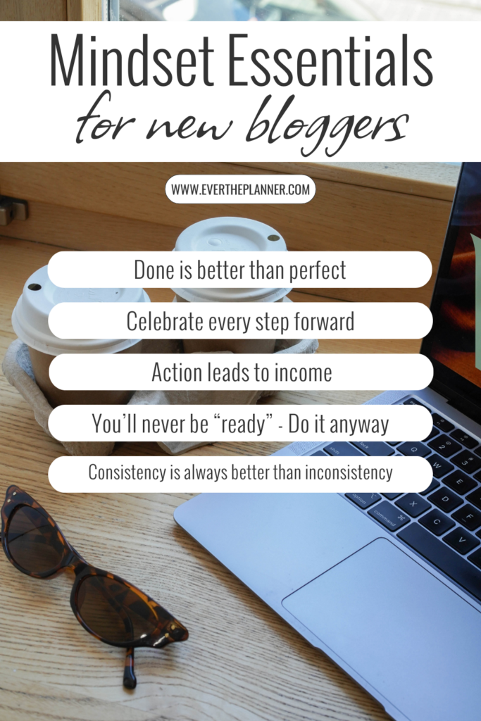 Pin graphic titled “Mindset Essentials for New Bloggers” with 5 motivational tips on a laptop and coffee background.