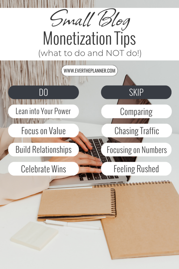 Hands typing on a laptop with neutral desk setup; infographic shows “Do” vs “Skip” monetization tips for small bloggers