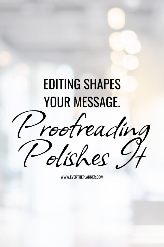 Inspirational quote graphic with blurred background that reads “Editing shapes your message. Proofreading polishes it.”