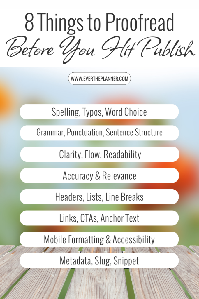 List-style graphic titled “8 Things to Proofread Before You Hit Publish” with categories like spelling, grammar, clarity, and links, shown over a colorful blurred background and wood surface.