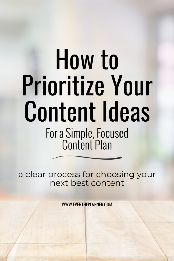 Text graphic that says "How to Prioritize Your Content Ideas for a Simple, Focused Content Plan" with the tagline "A clear process for choosing your next best content."