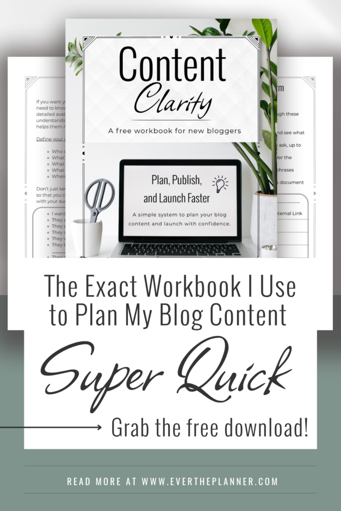 Image of a free workbook titled “Content Clarity” shown on a laptop screen. Text on image reads: “The Free Blog Workbook That’ll Change How You Create Content.”